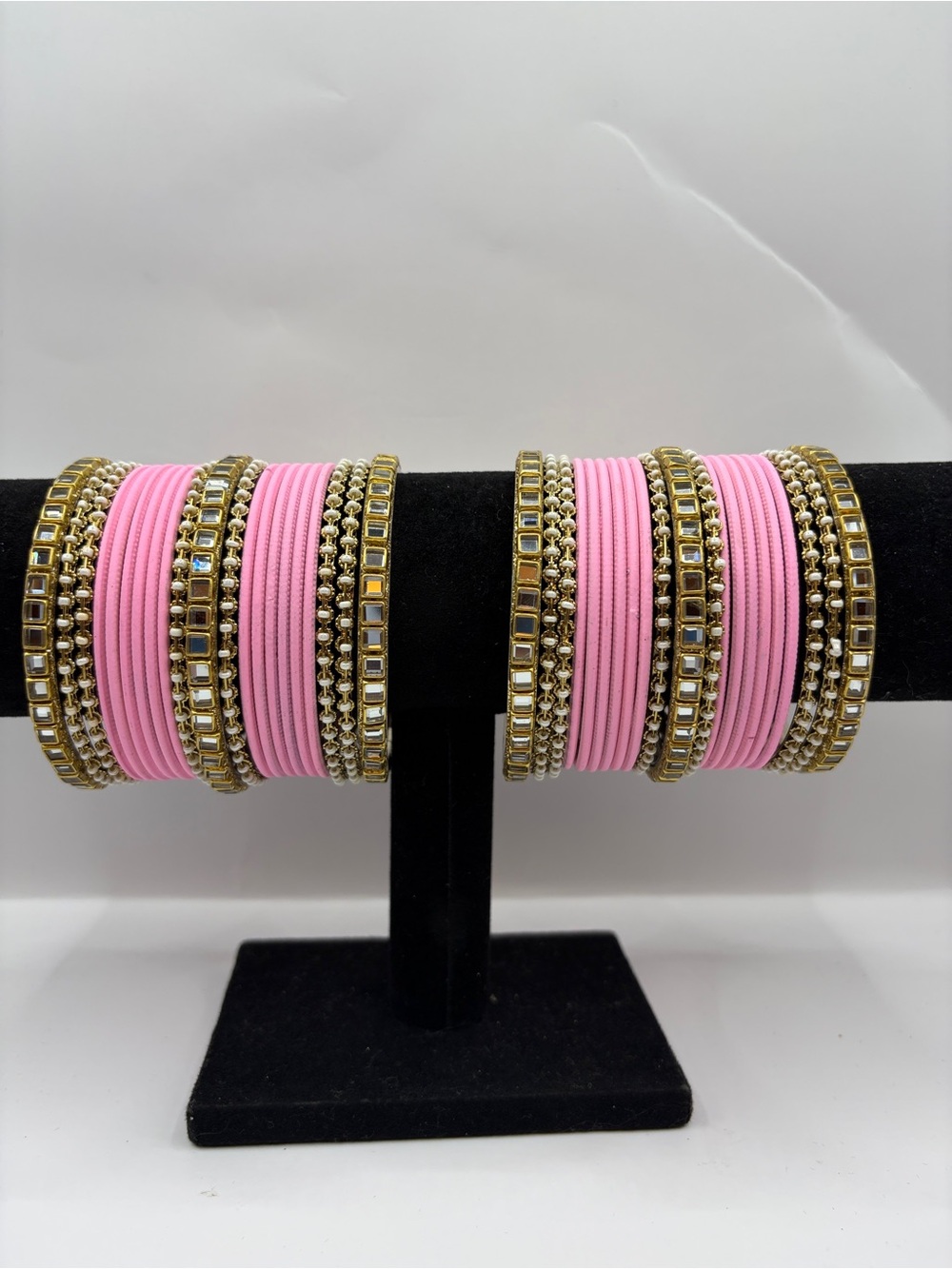 Y2K Desi Kundan Pink and Gold Women's Bangle Set - Both Hands
